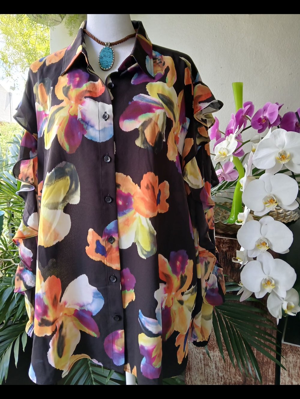 🔥Chico's Black Floral Button-Front Blouse Multicolor & Free GIFT Size 16